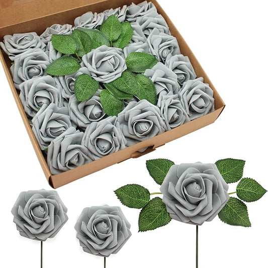 JOYLEX Artificial Flowers Realistic Roses, Real Looking Fake Roses with Stem for DIY Wedding Bouquets Centerpieces Bridal Shower Party Home Romantic Decorations (Grey, Regular 3" - 200pcs)