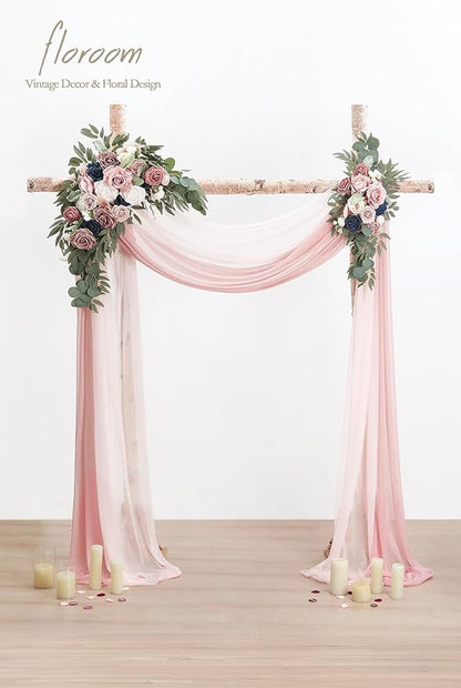 Floroom Arch Flowers with Drapes Kit (Pack of 4) - 2pcs Artificial Dusty Rose & Navy Blue Floral Swag Arrangement with 2pcs Draping Fabric for Wedding Ceremony Arbor and Reception Backdrop Decoration