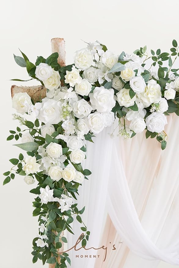 Ling's moment White Deluxe Artificial Wedding Arch Flowers with Drapes Kit-Pack of 5, 2pcs Flower Arrangements 3pcs Hanging Sheer Drapes Sage Ceremony Arbor Reception Backdrop Rose Floral Decorations