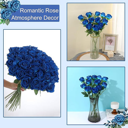 12Pcs Blue Roses Artificial Flowers Fake Roses Faux Velvet Silk Flower for Home Wedding Decoration (Pearl Rose, Blue)