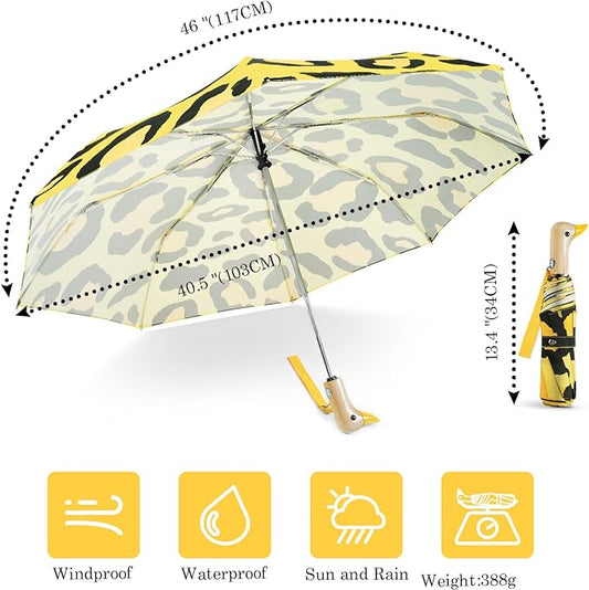 Cute Duck Umbrella Automatic - Compact Pretty Pocket Size Strong Duck Collapsible Umbrella Yellow Wooden Handle for Women