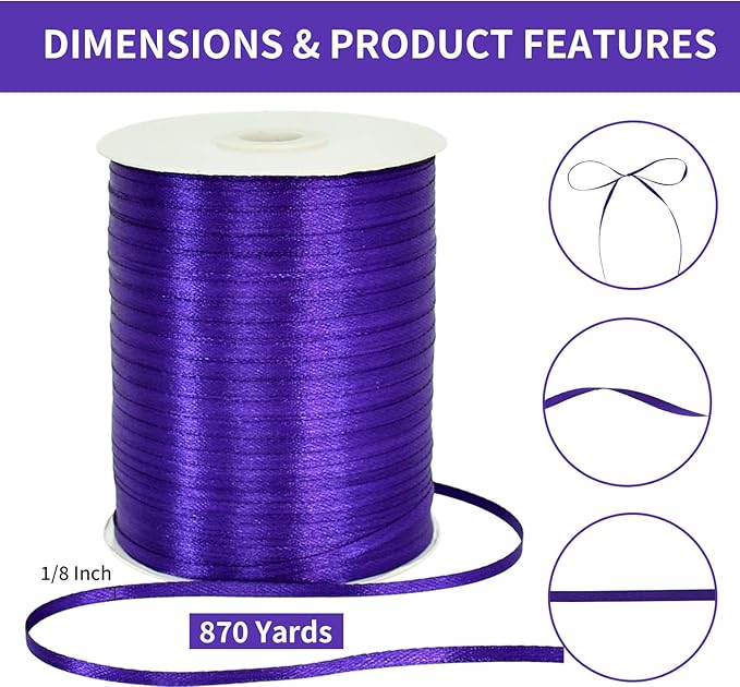 1/8 Inch x 870 Yards Purple Thin Solid Satin Ribbon Giant Spool Double Face Woven Polyester Fabric Ribbons for Crafts Hanging Tags Balloons Bouquet Hair Gift Wrapping Party Decoration Halloween
