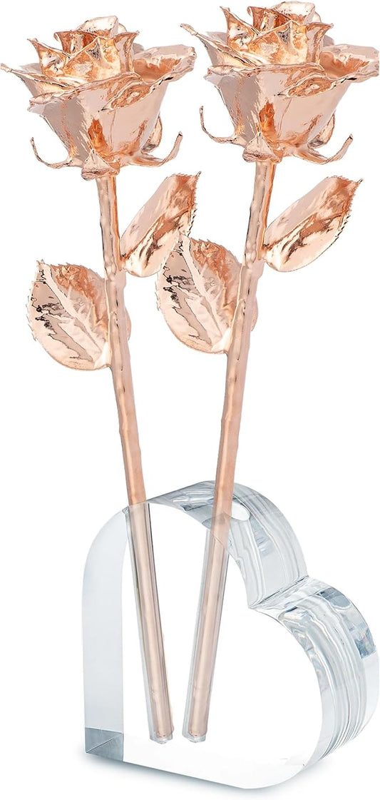 Forever Rose Two Real Roses Dipped in Rose Gold, Handcrafted Preserved Rose in Acrylic Heart Vase and Luxury Gold Gift Box, Romantic Gift for Her, Elegant Keepsake for Anniversary, Birthday