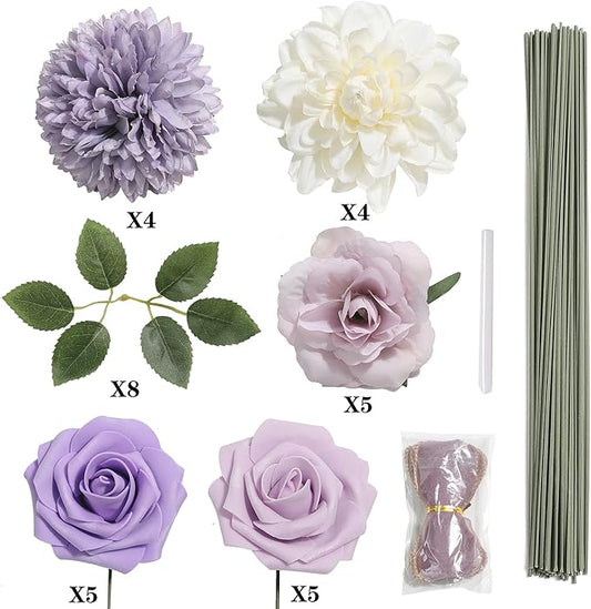 Artificial Flowers Combo Box Set Gradient Color Flower Leaf with Stems for DIY Wedding Bouquets Centerpieces Baby Shower Party Home Decor (Gradient Purple)