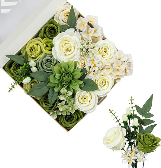 FANKO Artificial Flowers Green Rose, Mixed Silk Fake Flowers Combo Cream White Rose Green Dahlia Vintage Assorted Blooms for DIY Wedding Bridal Bouquets/Centerpieces/Home Decor