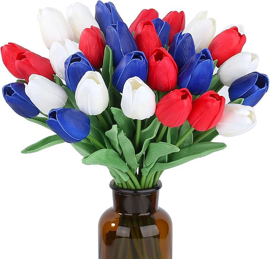 SITUMEIZI 15pcs 4th of July Flowers Tulips Fake Artificial Flowers Silk 14" Patriotc Flower for Independence Day Home Decor Kitchen Floral Arrangements Table Centerpieces(Mix,3)