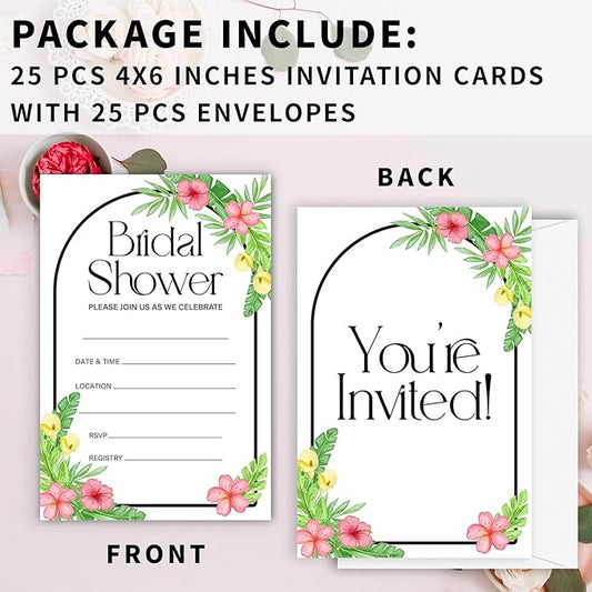25 Set Hawaiian Bridal Shower Party Invitations with Envelopes, Summer Tropical Wedding Bridal Shower Party Supplies Invitation Cards-A09