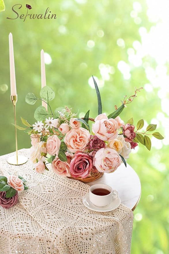 Serwalin Artificial Flowers Pink Wedding Cake Flowers, Fake Dusty Roses Peonies for Bouquets Table Centerpieces Wedding Home Decor, Baby Shower Party Flowers with Stems DIY Combo