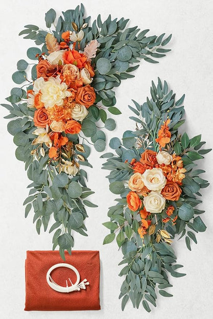 ponatia Artificial Wedding Arch Flowers Kit(Pack of 3) with 26Ft Shiny Wedding Arch Draping Fabric, Arch Flowers for Wedding Ceremony and Reception Backdrop Wedding Decoration (Burnt Orange)