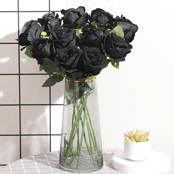 Cloudecor 15Pcs Black Roses Artificial Flowers Fake Roses Long Stem Velet Rose Silk Flowers for Home Wedding Decoration (Round Rose,Black)