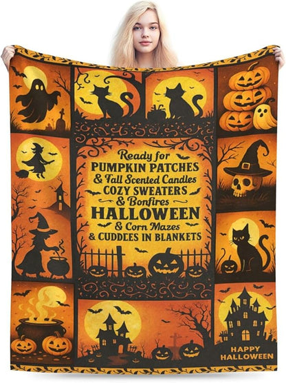Halloween Blanket Gothic Witch Throw Blanket Pumpkin Soft Cozy Fleece Black Cat Fuzzy Stuffed Plush Ghost Skull Flannel Gifts for Girls Women Boys Kids Adults 40''x50''