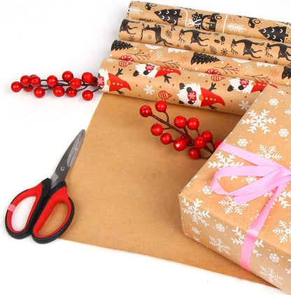 KIMOBER 5 Rolls Christmas Wrapping Paper,Brown Kraft Paper with Xmas Elements and Cut Lines on Reverse(17in × 118in Per Roll)