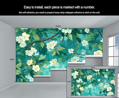 Jasmine Blossom Wall Mural, Elegant Floral Landscape 3D Wall Murals, Nature Turquoise Botanical Wallpaper Mural, for Living Room Bedroom Large Wallpaper Indoor Decor 169.3" W x118.2 H
