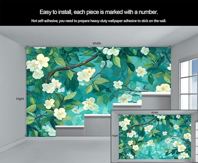 Jasmine Blossom Wall Mural, Elegant Floral Landscape 3D Wall Murals, Nature Turquoise Botanical Wallpaper Mural, for Living Room Bedroom Large Wallpaper Indoor Decor 157.5" W x110.3 H