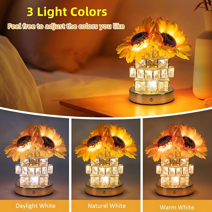 Sunflowers Flower Lamp,Rechargeable Cordless Touch Table Lamp for Bedroom,3-Colour Dimming Small Night Light,Crystal Bedside Lamps with USB Charge,Birthday Christmas Gifts for Women,Mom (Sunflowers)