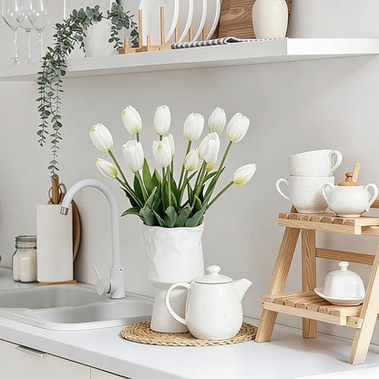 15 Pcs White Artificial Flowers Tulips Real Touch Latex Plastic Soft Faux Bouquets for Party, Wedding, Home, Room, Garden Decor