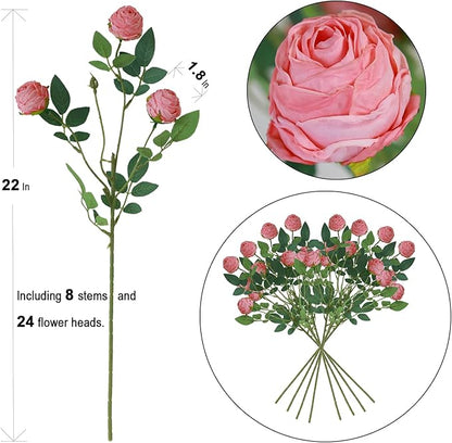 CHIAVE 8pcs 24 Flower Buds Artificial Vintage Roses Fake Silk Rose Flowers with Long Stem for DIY Bouquets Wedding Centerpiece Party Home Kitchen Shorp Decoration-Salmon Pink