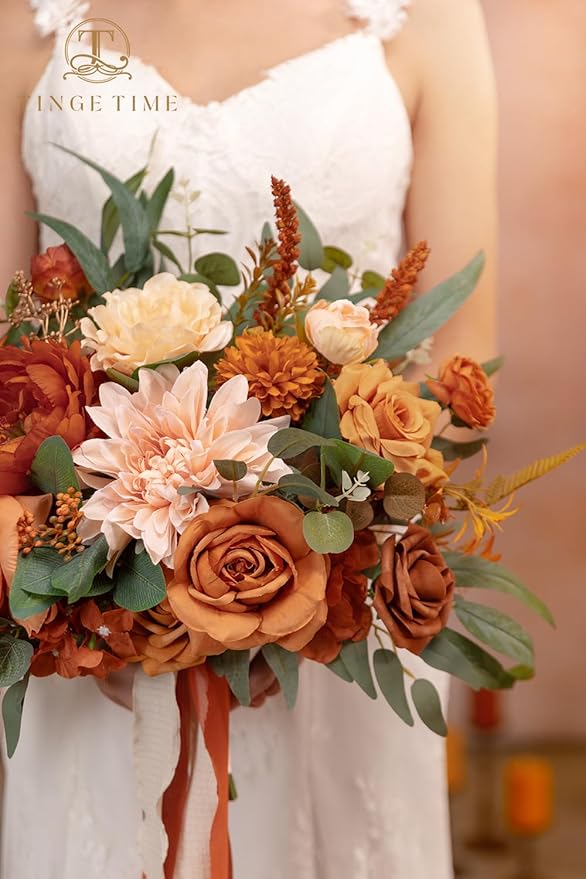 TINGE TIME 13 inch Terracotta Wedding Bouquets for Bride, Bridal Bouquet for Bride, Artificial Silk Rose for Graduation Bouquet, Fake Flowers for Fall Wedding Ceremony and Anniversary