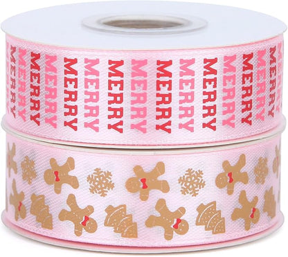 Gingerbread Ribbon 7/8 Inch 20 Yards Pink Merry Christmas Candy Cane Craft Ribbon for Gift Wrapping Wreath Bow DIY Crafts Supplies
