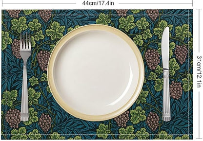 William Morris Vintage Botanical Placemats Set of 4, Retro Grapes Vines Flower Boho Plant Place Mats, Heat Resistant Non Slip Cotton Linen Dining Table Mats for Home Kitchen Party 18x12 Inch