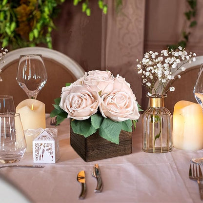 Dining Table Centerpiece Set of 3 - Pre-Made Aritifial Rose with Wooden Vase Fake Floral Arrangment Faux Flower for Wedding Bridal Tea Party Event Decorations - Boho