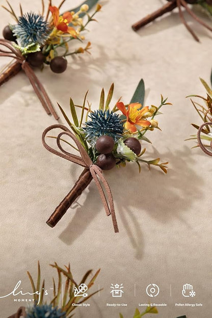 Ling's Moment Boutonniere for Men, 10pcs Groomsmen Guest Boutonniere, Artificial Flowers for Wedding Décor/Prom/Homecoming,etc.Dark Teal Orange