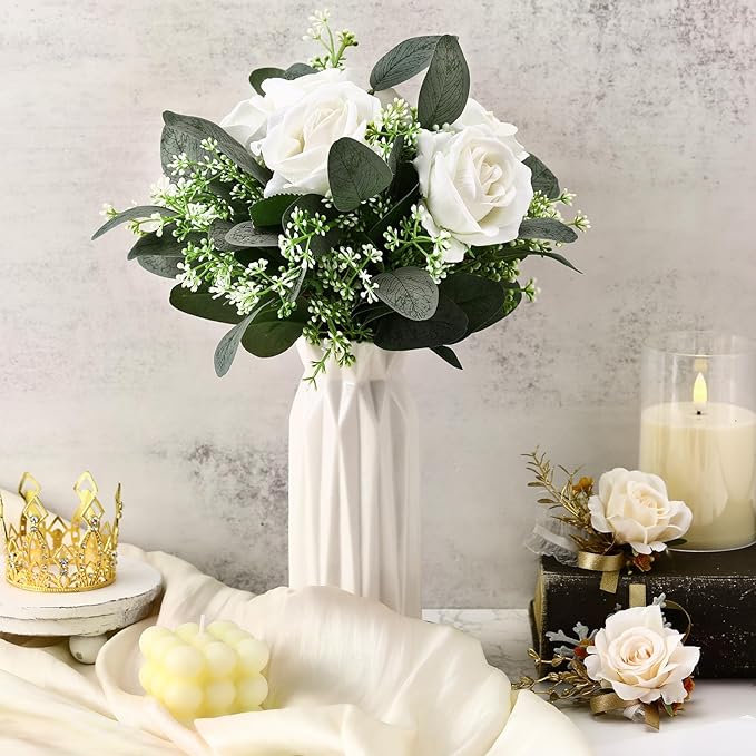 Janinka 20 Pcs Mixed Eucalyptus Leaves Stems Bulk Artificial Eucalyptus Leaves with White Seeds Artificial Silver Dollar Sprays Faux Oval for Floral Wreath Bouquets Wedding Greenery Decoration