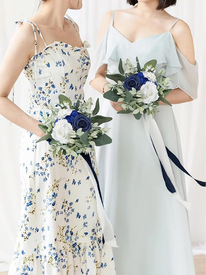 Rinlong Navy Blue Bridesmaids Bridal Bouquet Artificial Wedding Bouquets for Bride Bridesmaid Silk Bouquet for Wedding Prom Homecoming 7.5 Inches