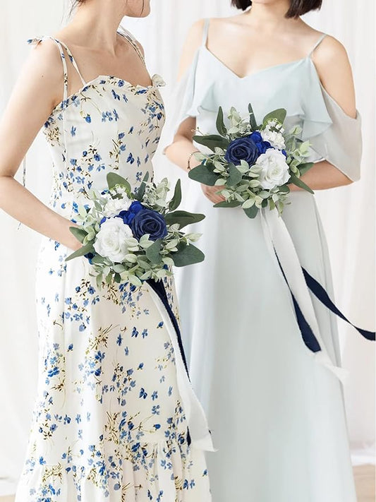 Rinlong Navy Blue Bridesmaids Bridal Bouquet Artificial Wedding Bouquets for Bride Bridesmaid Silk Bouquet for Wedding Prom Homecoming 7.5 Inches
