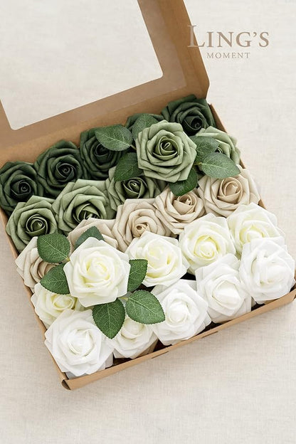 Ling's moment Artificial Flowers, 50Pcs 3" Roses in Sage Shades, Realistic DIY Foam Floral Decor for Wedding Bouquets/Centerpieces, Outdoor Party Backdrops, Room/Table, and Garden/Pot Decorations