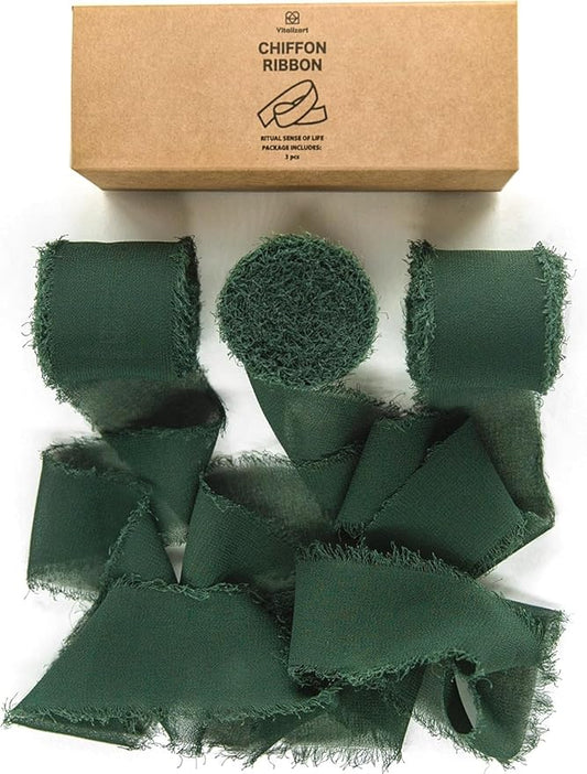 Vitalizart Dark Green Handmade Chiffon Silk Ribbon Fringe 3 Rolls 1.5" x 21 Yd Frayed Edges Ribbons for Wedding Invitations Bridal Bouquets Gifts Wrapping Crafts Holiday Decor