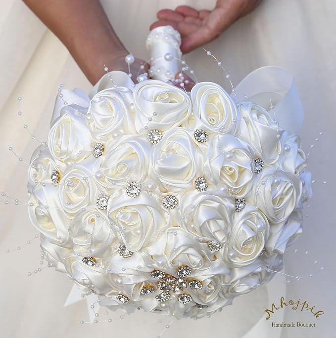 Bridal Wedding Bouquet Round Bling Brooch Bouquet Throw Toss Artificial Rose Flower Bunch for Bride Bridesmaid Wedding Quinceanera(Ivory, 7.5")