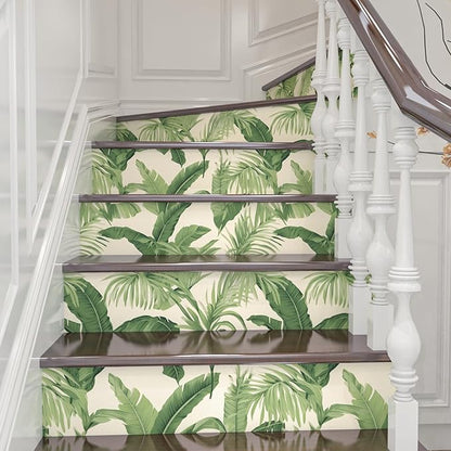 Green Leaf Wallpaper Peel and Stick, Beige Tropical Contact Paper 17.5" x 393.7", Palm Leaves Wall Paper Self Adhesive Waterproof Removable for Room Shelves Cabinet Drawer Table Decor