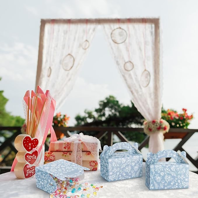 Dunzoom 24 Pack Dusty Blue Floral Paper Gift Boxes Party Favor Gift Gable Boxes with Chinoiserie Floral Printed Candy Treat Box for Wedding Birthday Tea Bridal Shower Party