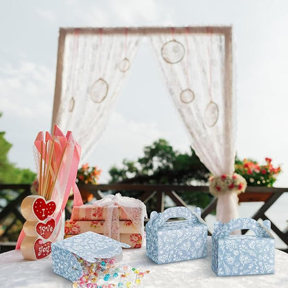 Dunzoom 24 Pack Dusty Blue Floral Paper Gift Boxes Party Favor Gift Gable Boxes with Chinoiserie Floral Printed Candy Treat Box for Wedding Birthday Tea Bridal Shower Party