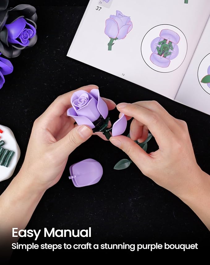iATOM Flower Bouquet Building Set, Christmas Purple Roses Botanical Collection Kits for Adults Women - Gothic Home Office Table Centerpiece Decor - IA11004