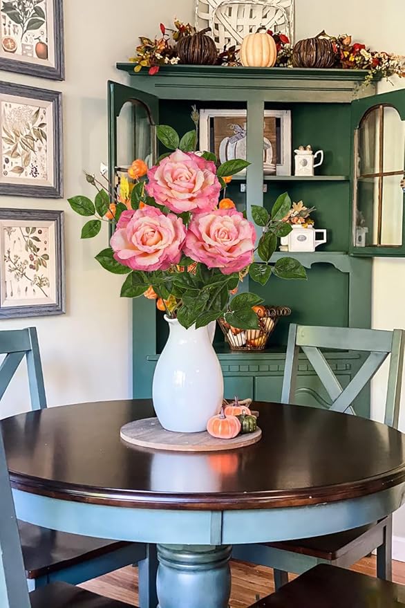 Hollyone 3Pcs Light Pink Roses Artificial Flowers Bouquets 26.3" Fake Flower Arrangements Silk Flowers Rose with Long Stem Floral Branch Faux Roses Flowers for DIY Table Centerpieces Home Decor