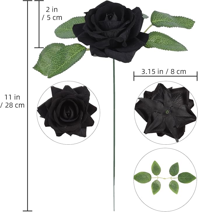 Fake Black Roses Artificial Flowers 16pcs Velvet Artificial Roses Black Flowers 3.15" Silk Roses for Bridal Bouquet Wedding Flowers for Floral Centerpieces Home Party Decor