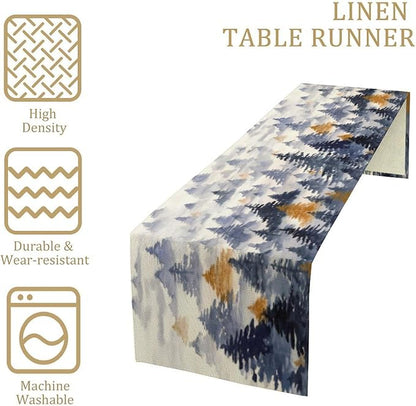Watercolor Blue Pine Trees Table Runner, Forest Woodland Tabletop Scarf Home Kitchen Holiday Decor, Seasonal Farmhouse Rustic Dining Decorations Party Supply 13 X 90 Inch