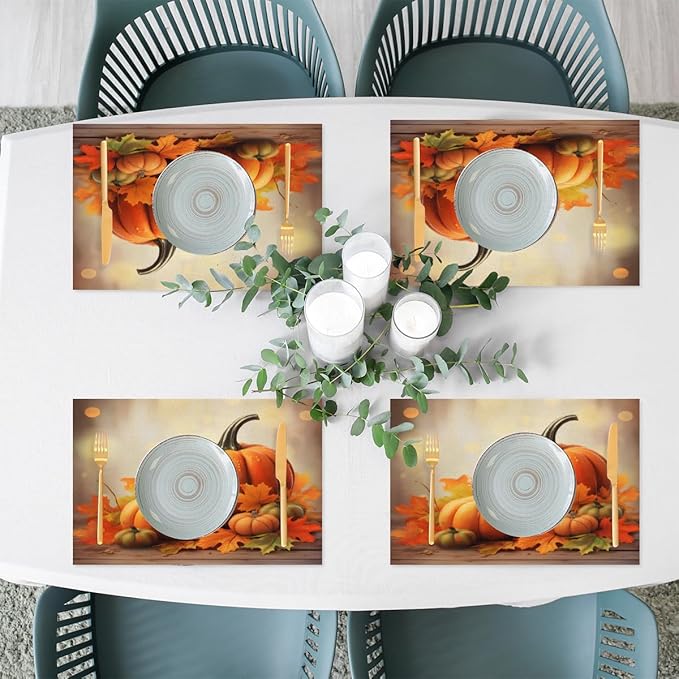 Thanksgiving Fall Pumpkin Placemats Set of 1 PVC Vinyl Non Slip Table Mats Heat Resistant Place Mats Washable Wipeable Dining Table Mat for Kitchen Decor Party Indoor Outdoor Decorative Gift