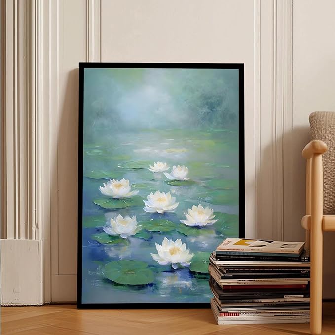 Zen wall art Delicate white lotus flower floating on calm water Vintage oil painting print Serene aquatic wall art creates a tranquil home decor 20x30in Metal blackFramed