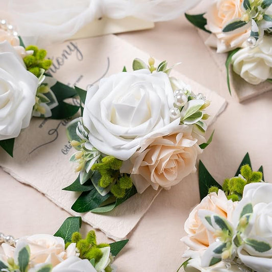 Meldel White Wrist Corsage, Set of 6, Homecoming Wrist Flower Girl/Mother Corsages Wristlet Décor Perfect for Bride Bridesmaids Wedding Guests Hand Flower, Proms, Party, Ceremony Anniversary