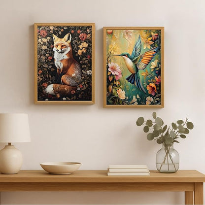 LLEEMPI William Morris Wall Art, Vintage Bird Floral Wall Decor, Hummingbird Flower Canvas Painting, Colorful Nature Botanical Aesthetic Picture for Living Room Bedroom Kid Room Wood Framed 12x16 inch