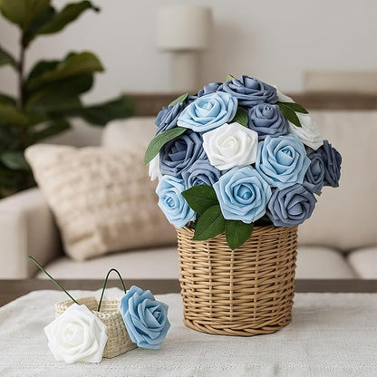 100 Pcs Artificial Foam Rose Faux Bouquet with Leaves and Stems for DIY Wedding Bouquets Centerpieces Bridal Shower Party Valentine Home Decorations (Blue and White Gradient)