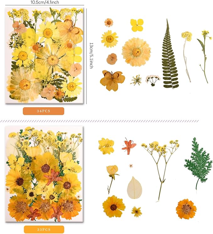 140 PCS Yellow Real Pressed Dried Flowers and Leaves with Butterfly Stickers & Tweezers – Natural Dried Flowers for Resin, Candle, Jewelry, Scrapbooking & DIY Crafts (Yellow 140)