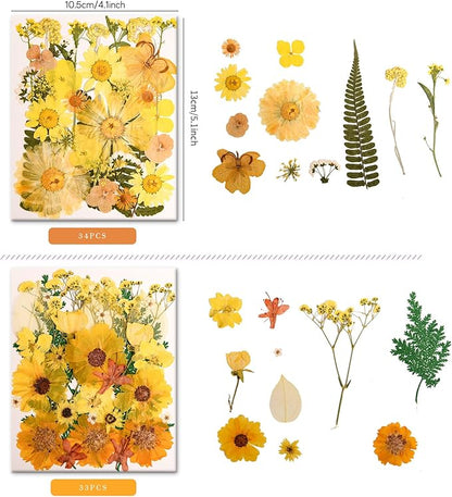 140 PCS Yellow Real Pressed Dried Flowers and Leaves with Butterfly Stickers & Tweezers – Natural Dried Flowers for Resin, Candle, Jewelry, Scrapbooking & DIY Crafts (Yellow 140)