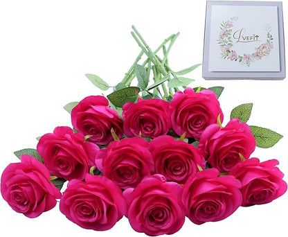 Artificial Rose Flower Artificial Flowers Flower with Long Stem Silk Roses Bouquet for Wedding Bridal Shower Party Home Decoration (Hot Pink, 12 Pcs)
