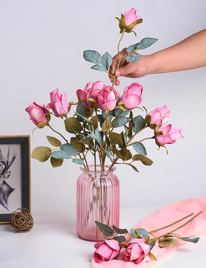 Rose Artificial Flower Buds 12pcs Realistic Faux Silk Roses Fake Flowers Bouquets Arrangements Decor for Wedding Spring Mother's Day, Home Table Decorations, Light Magenta Flower