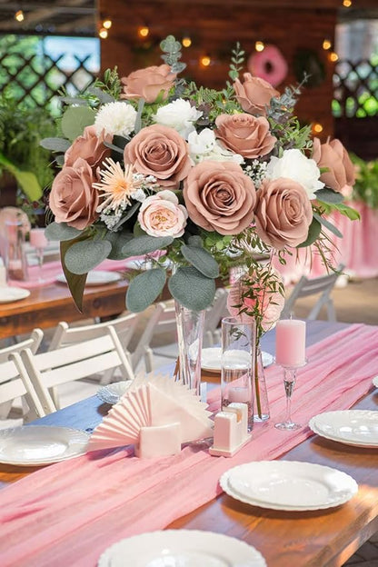30pcs Roses Artificial Flowers Dusty Rose Fake Flowers with Long Stems Silk Flowers for Wedding Bouquet Centerpices Decorations Party Bridal Baby Shower Home Decor