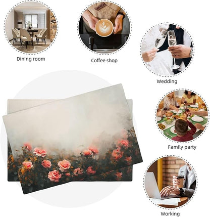 Placemats 4 pcs Vintage Oil Painting Flowers Double-Layer Imitation Linen Place Mats Non-Slip Heat-Resistant Tablemats for Home Restaurant Hotel 18×12 Inch